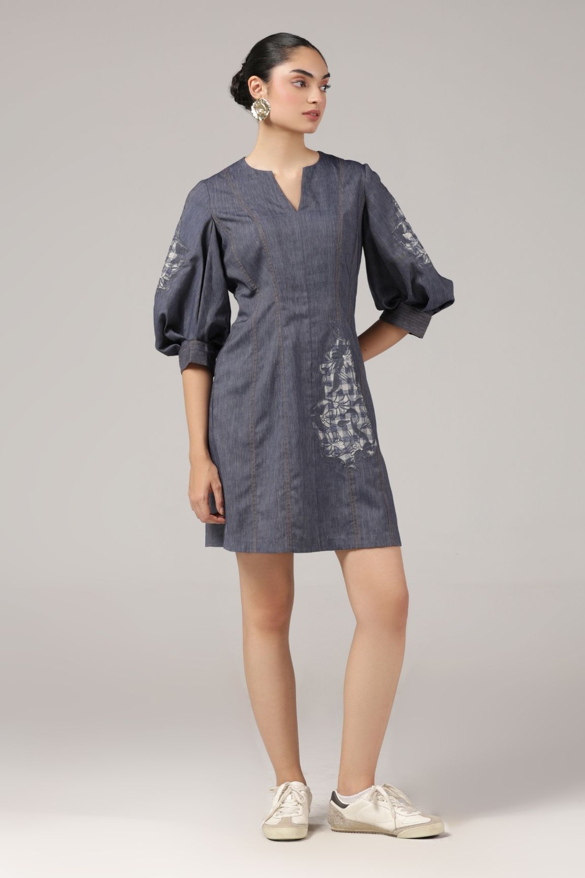 Denim Blue Embroidered Puff Sleeve Short Dress