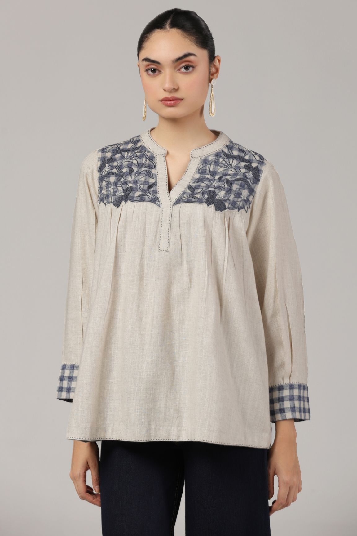 Off-White Embroidered Yoke Soft Cotton Top