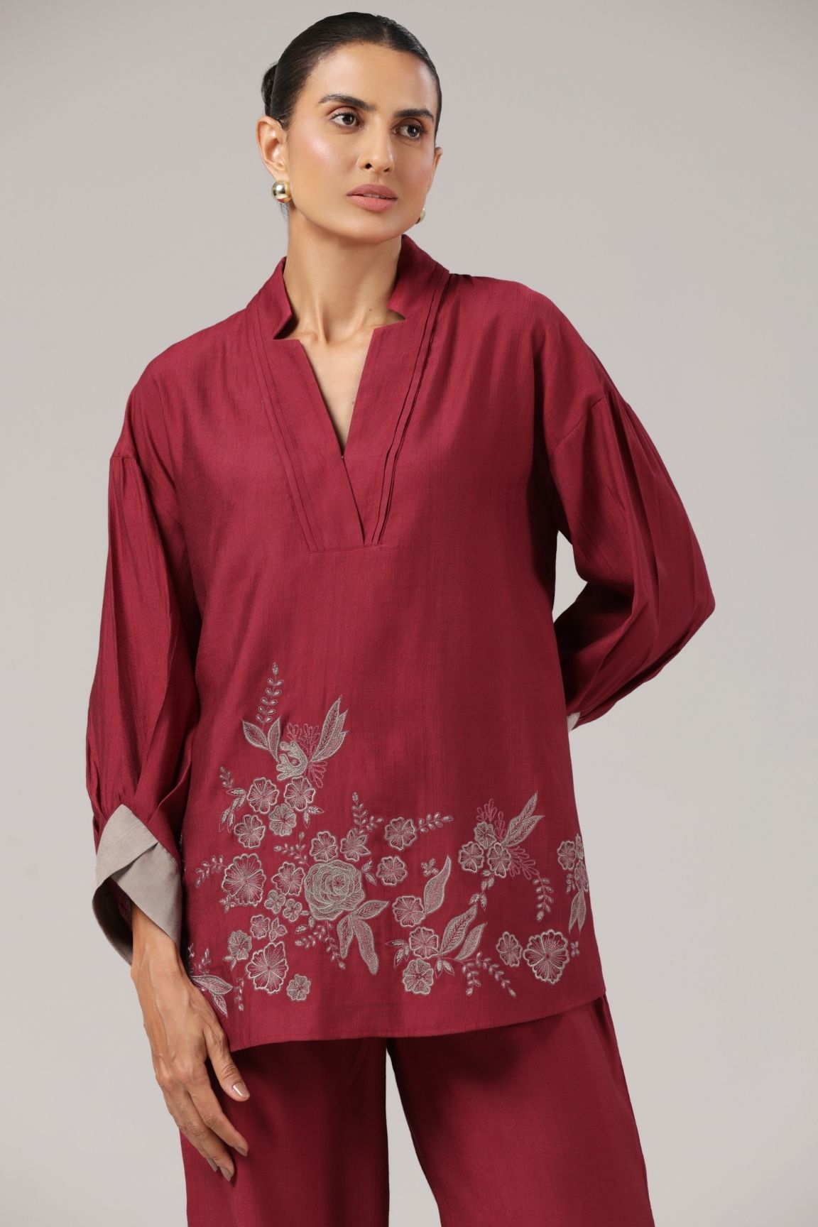 Wine Floral Embroidered Relaxed Co-ord Set