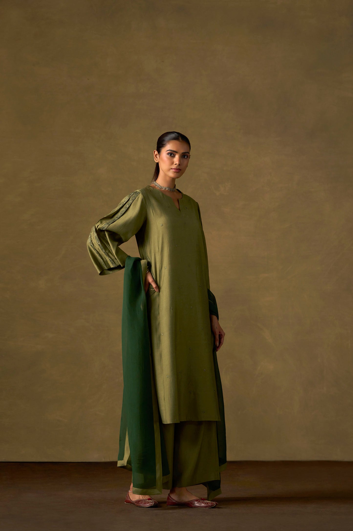 Moss Green Embroidered Kurta Set with Ombre Dupatta