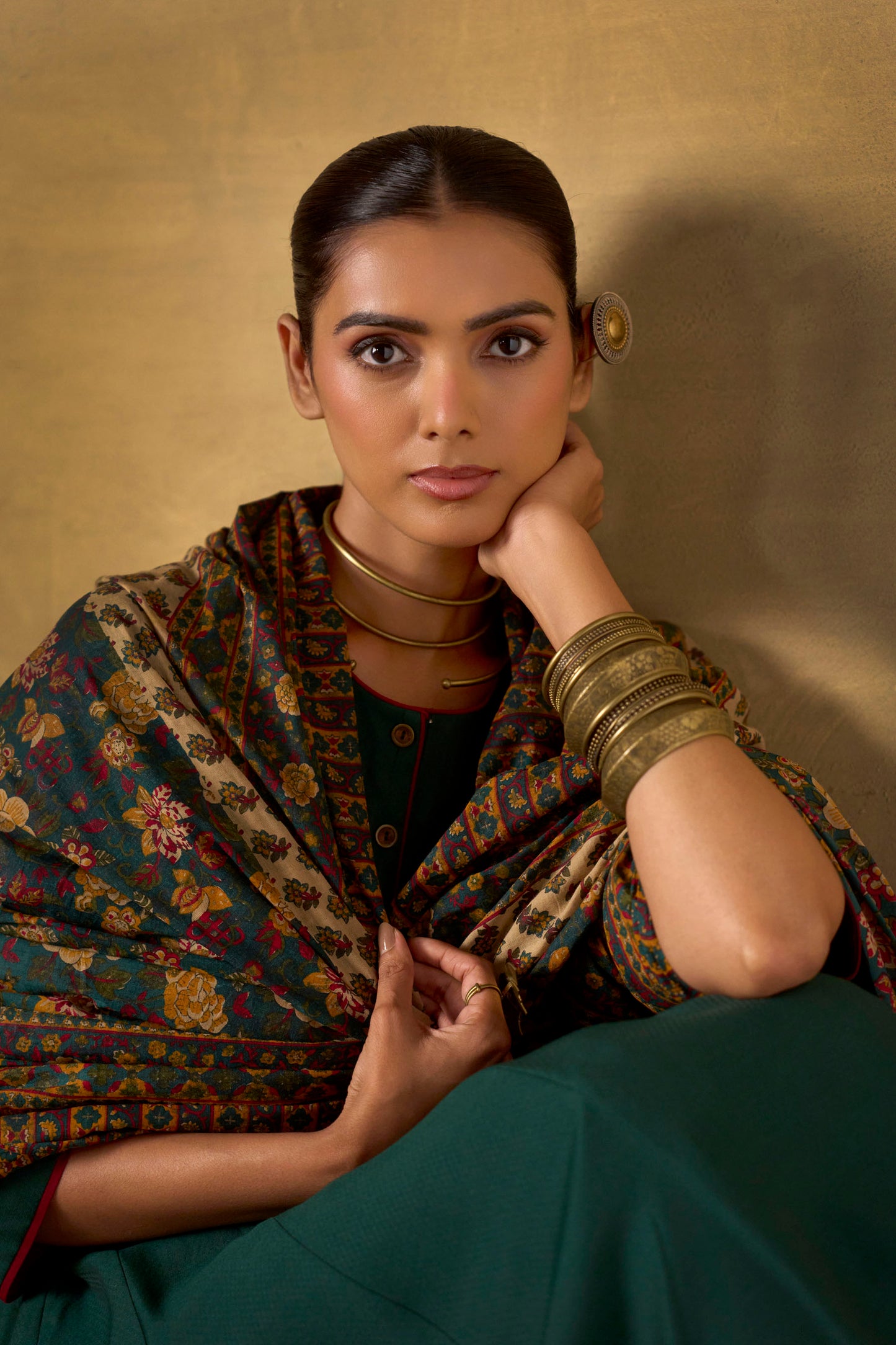 Emerald Ease Embroidered Kurta Set with Printed Dupatta