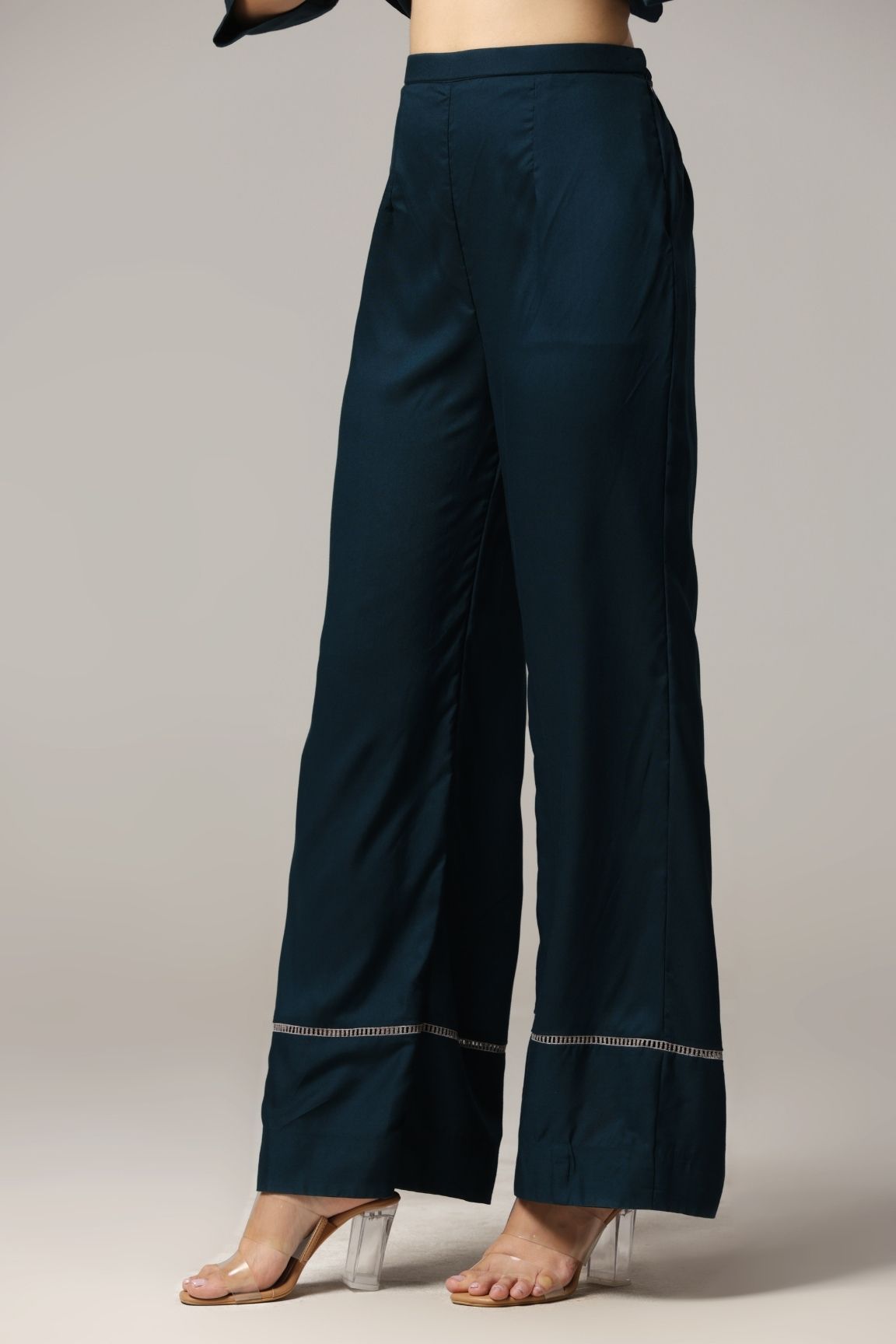 Teal Blue Floral Embroidered Cotton Satin Coord Set