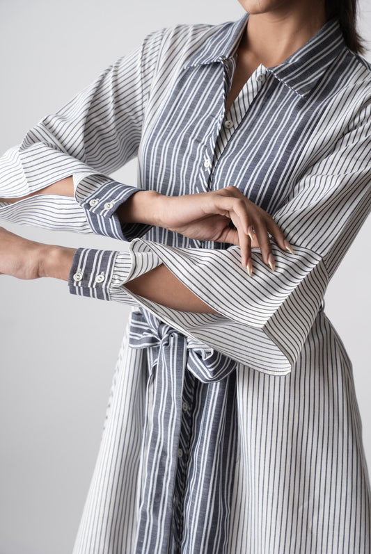Blue & White Striped Belted Shirt Dress