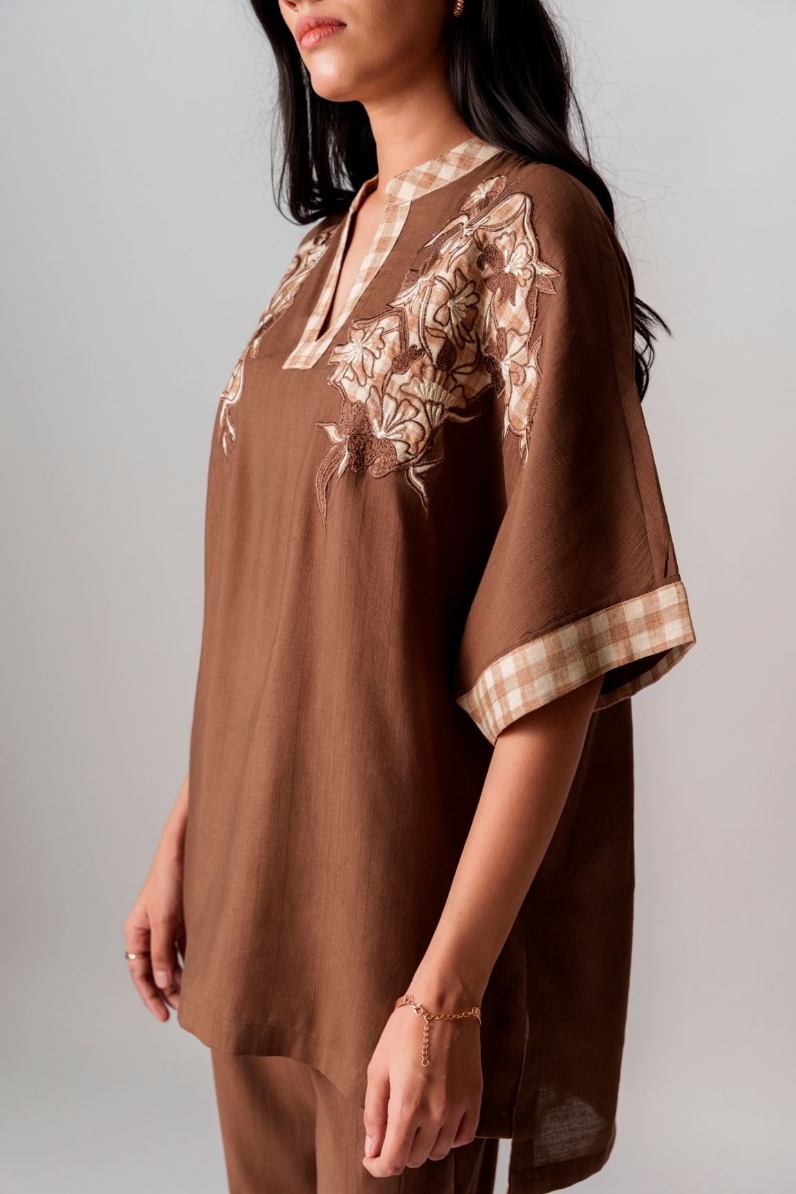 Chocolate Brown Embroidered V-Neck Kurta Set