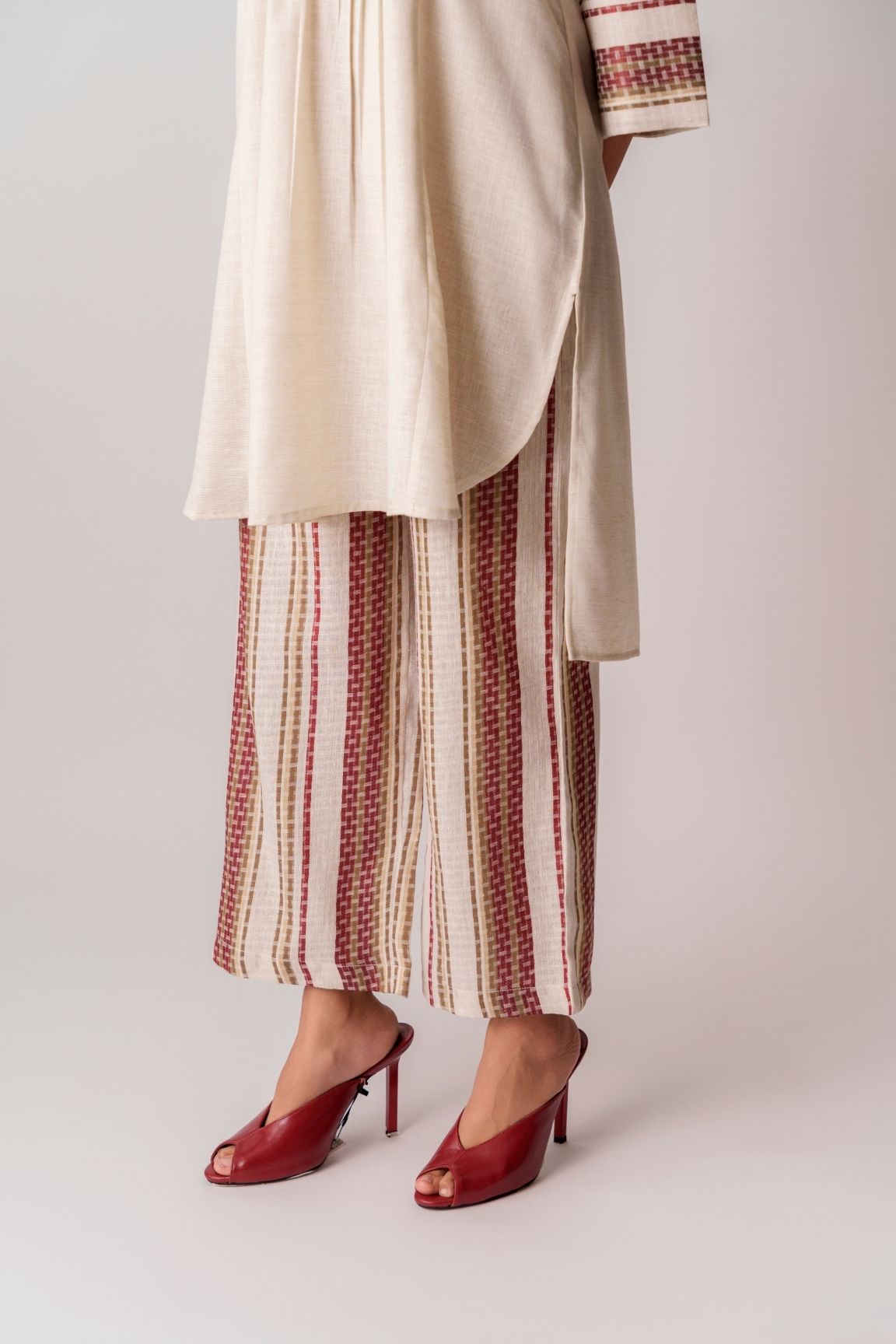Cream & Maroon Handwoven Striped Cotton Kurta Set