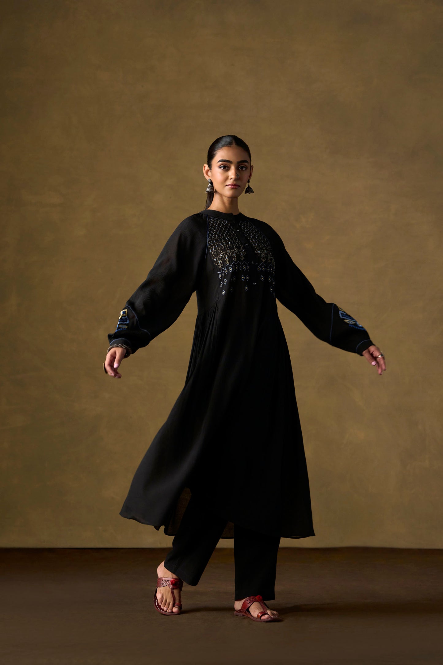 Onyx Black Embroidered Tiered Long Co-ord Set
