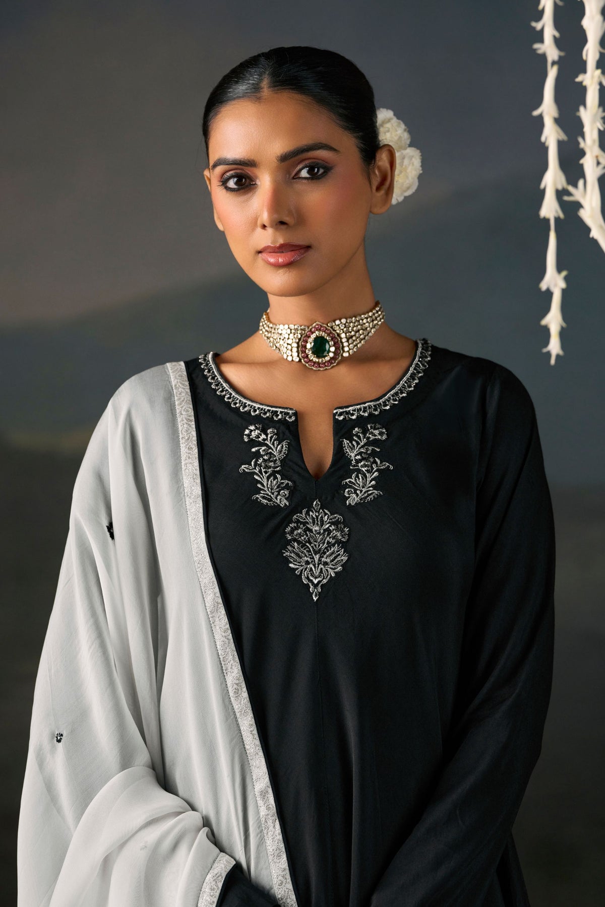 Moonlit Noir Anarkali Suit Set with Dupatta