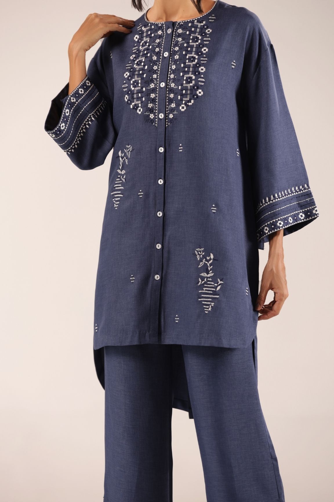 Denim Blue Embroidered Straight Kurta with Palazzos