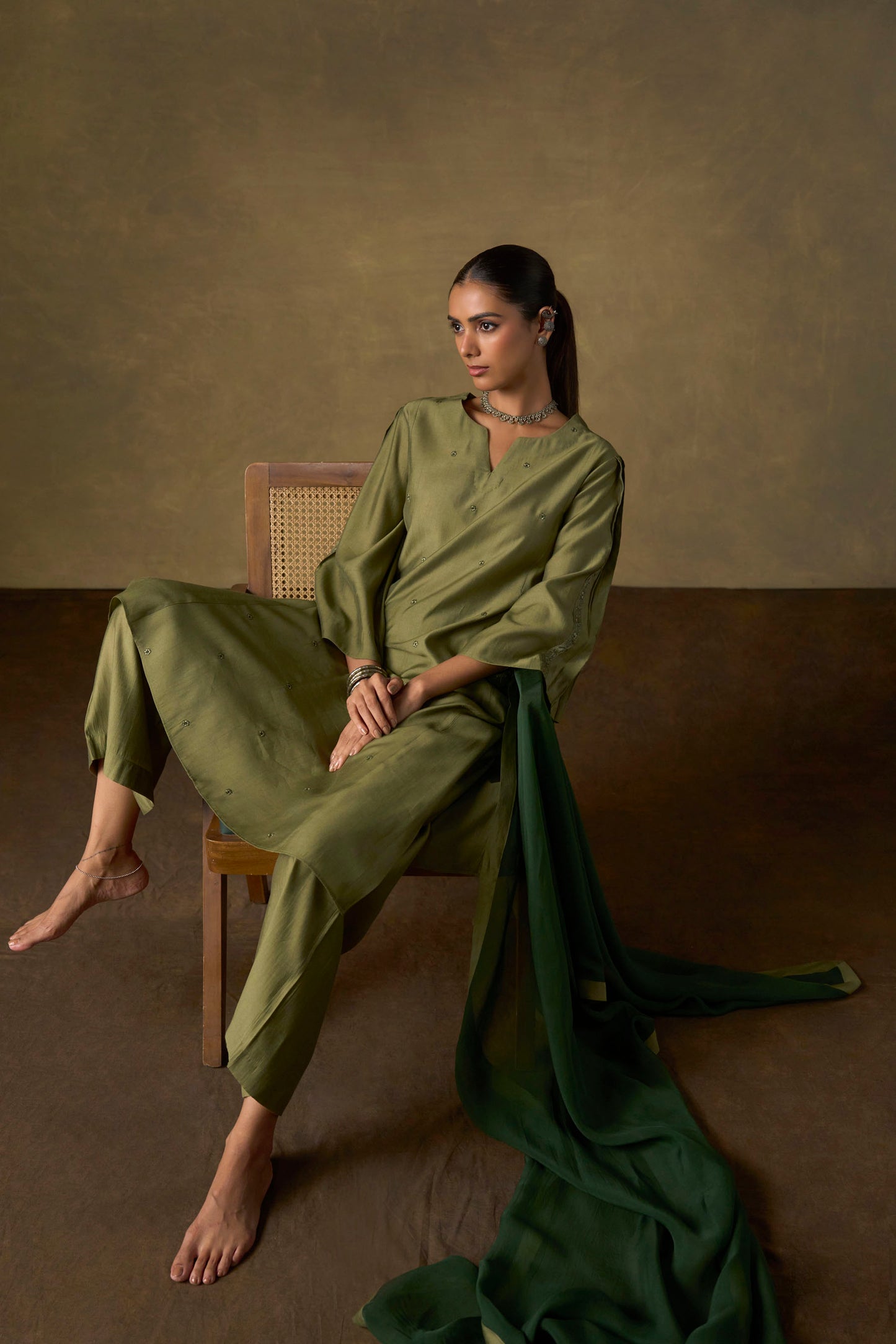 Moss Green Embroidered Kurta Set with Ombre Dupatta