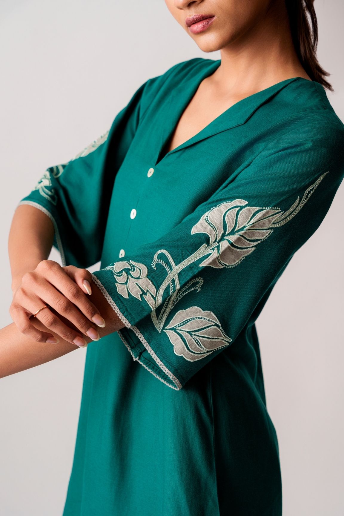 Emerald Green Floral Embroidered Cotton Kurta Set