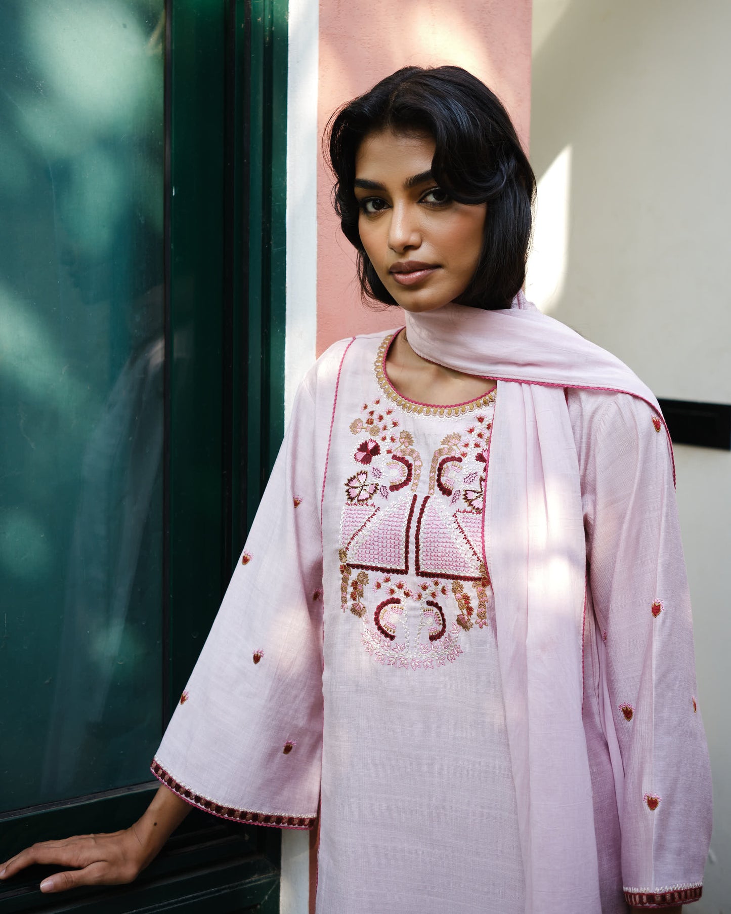 Blush & Deep Rose Viscose Suit with Soft Mulmul Dupatta