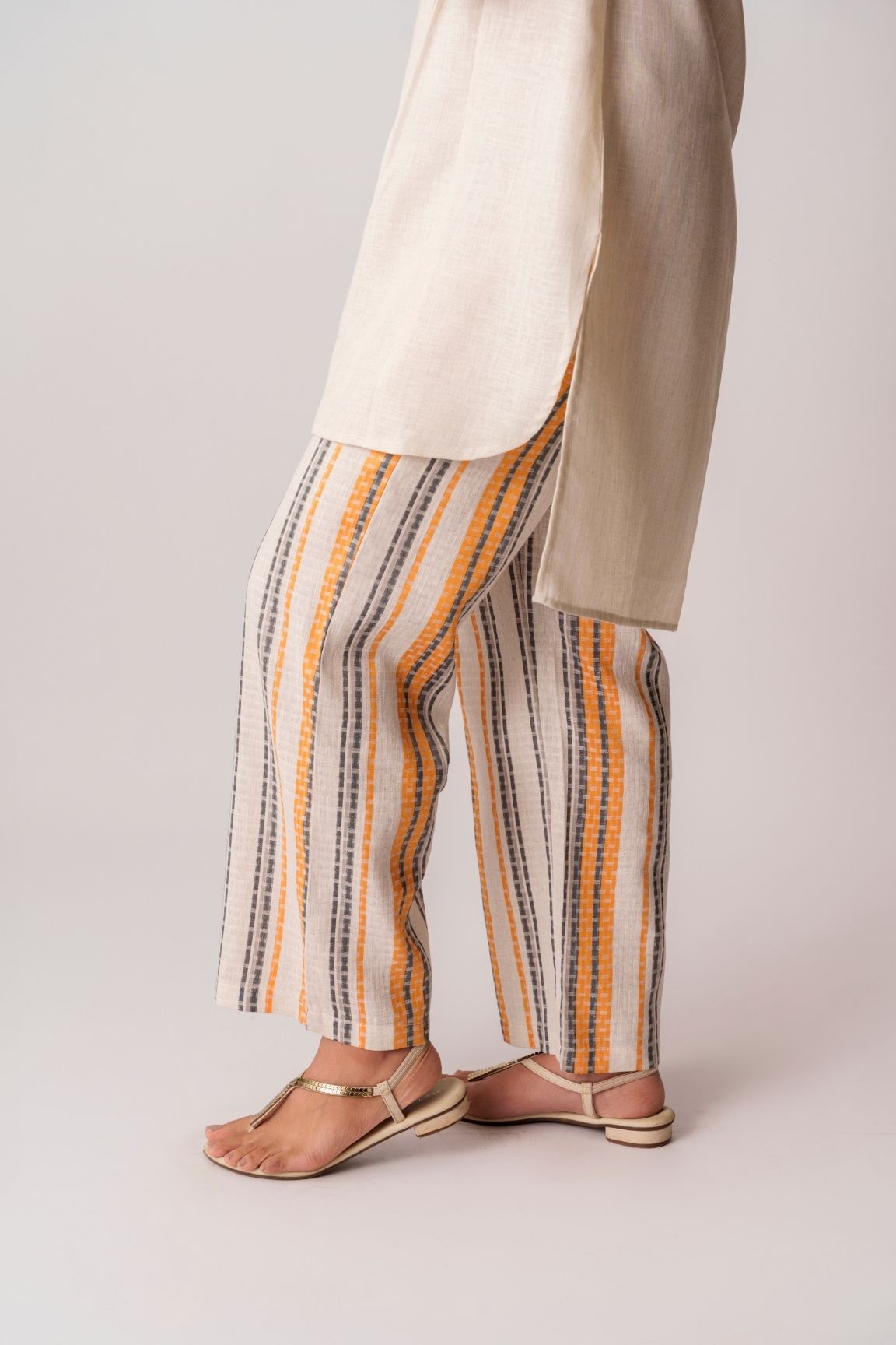 Cream & Mustard Handwoven Striped Cotton Kurta Set