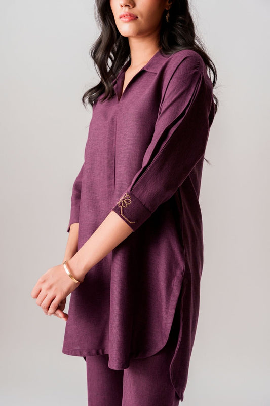 Plum Purple Linen Blend Kurta Set