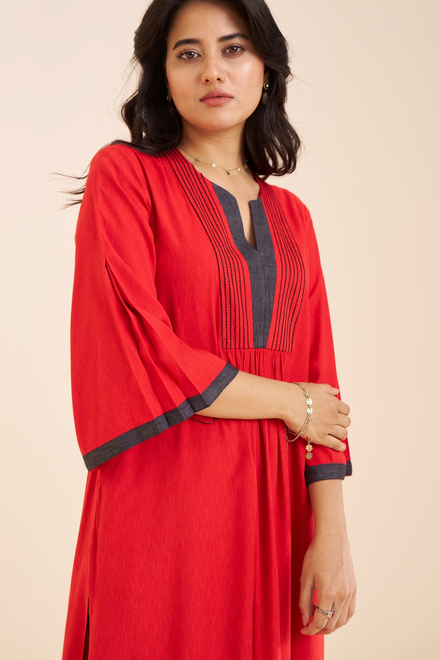 Classic Red V-Neck Kurta with Pleat Detailing in Viscose Blend