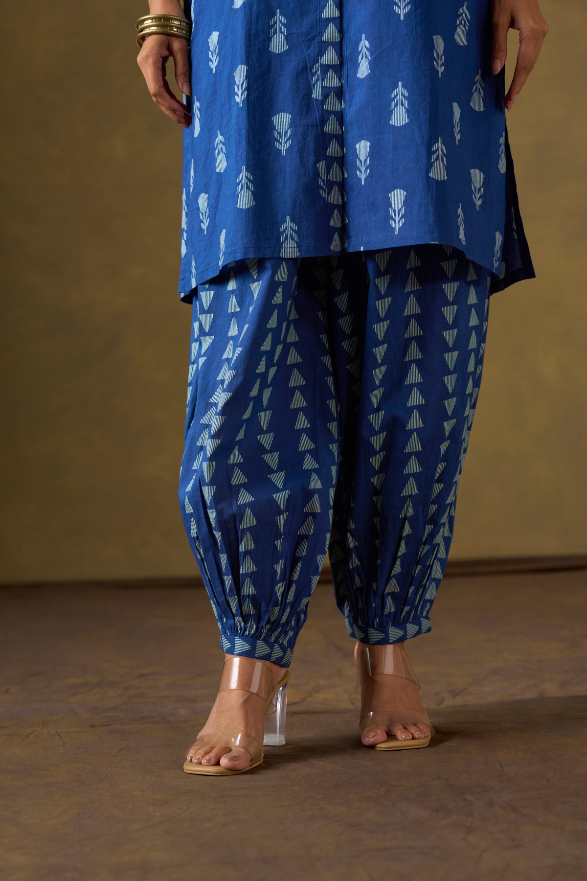 Indigo Printed Collared Kurta Set with Harem Pants