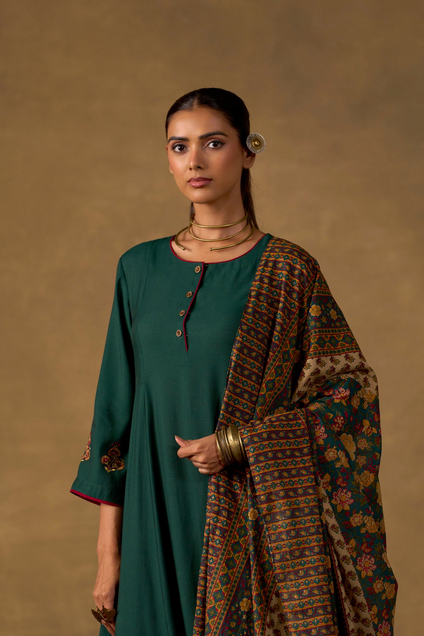 Emerald Ease Embroidered Kurta Set with Printed Dupatta