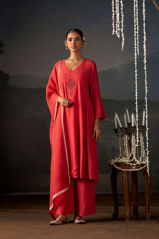 Chandbali Coral Embroidered Anarkali Suit Set with Dupatta