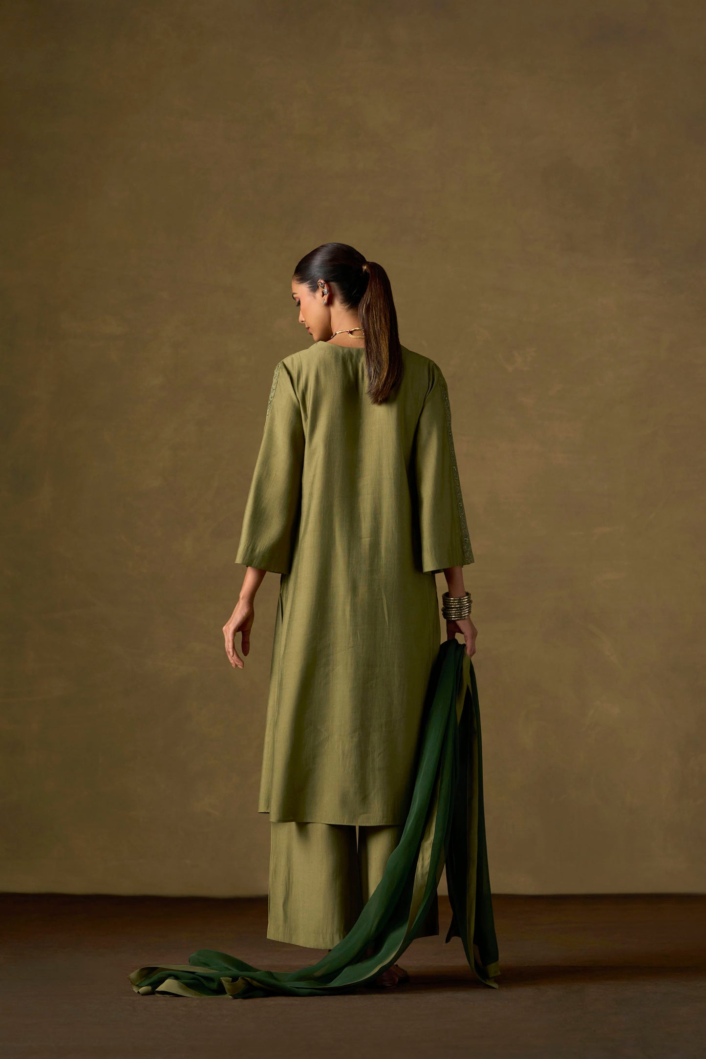 Moss Green Embroidered Kurta Set with Ombre Dupatta