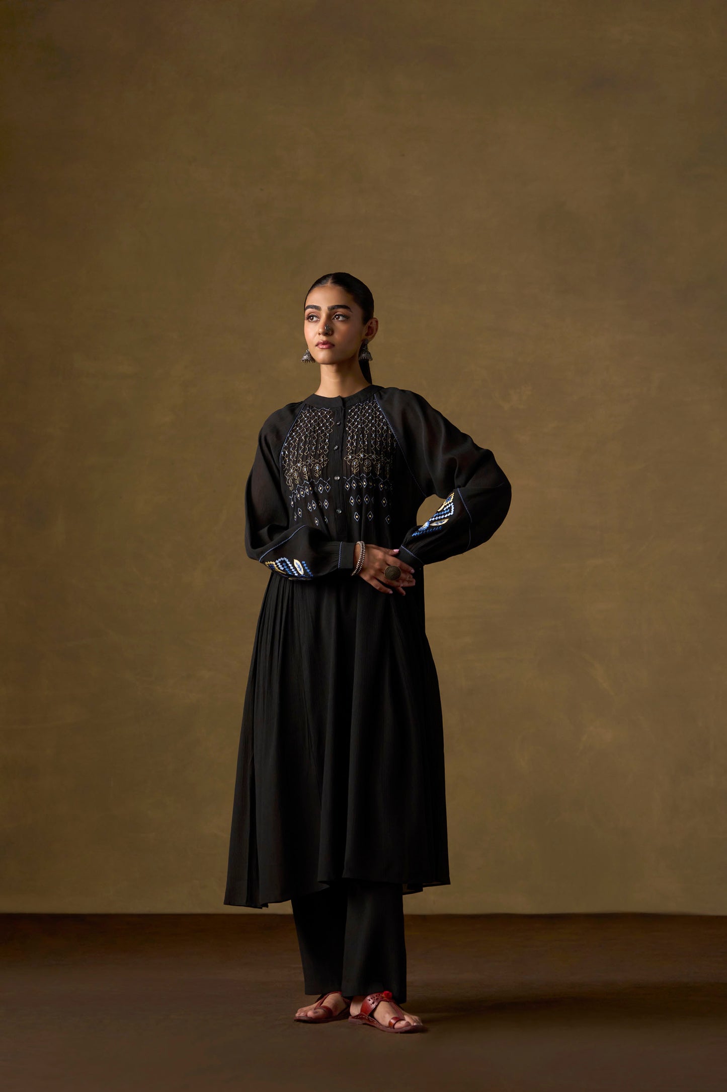 Onyx Black Embroidered Tiered Long Co-ord Set