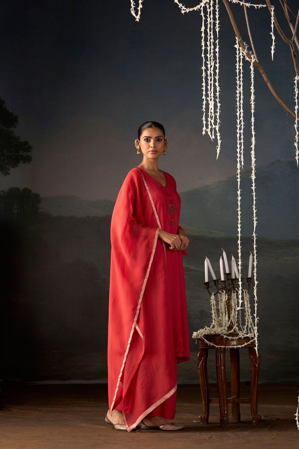 Chandbali Coral Embroidered Anarkali Suit Set with Dupatta