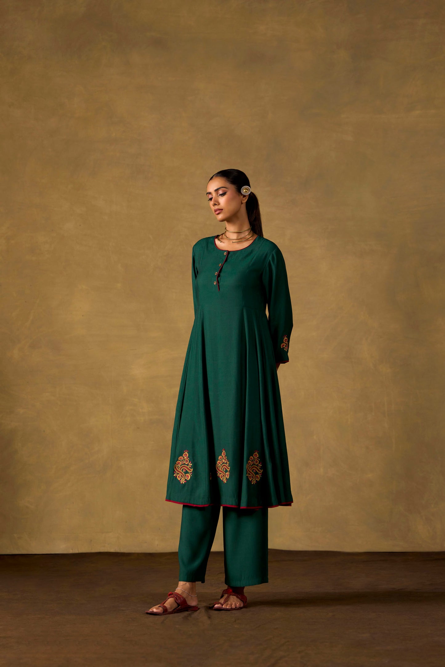 Emerald Ease Embroidered Kurta Set with Printed Dupatta