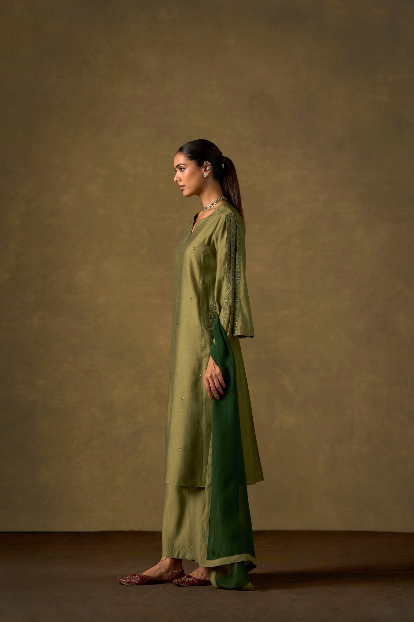 Moss Green Embroidered Kurta Set with Ombre Dupatta