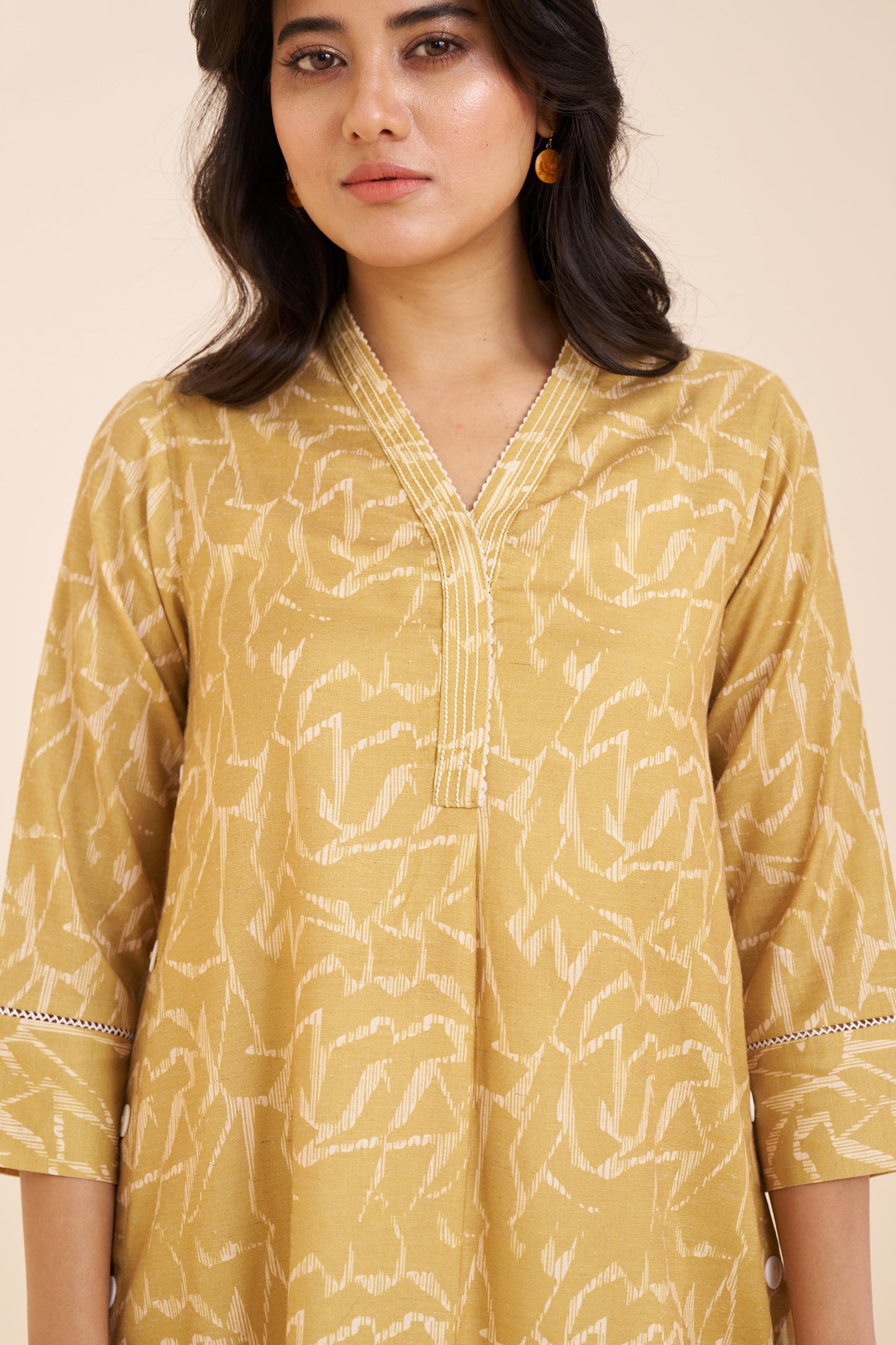 Graceful Mustard Linen Blend Kurta with Modern Prints