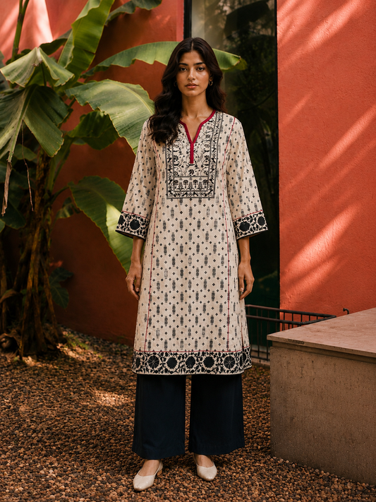 Ivory Heritage Printed Cotton Kurta Set