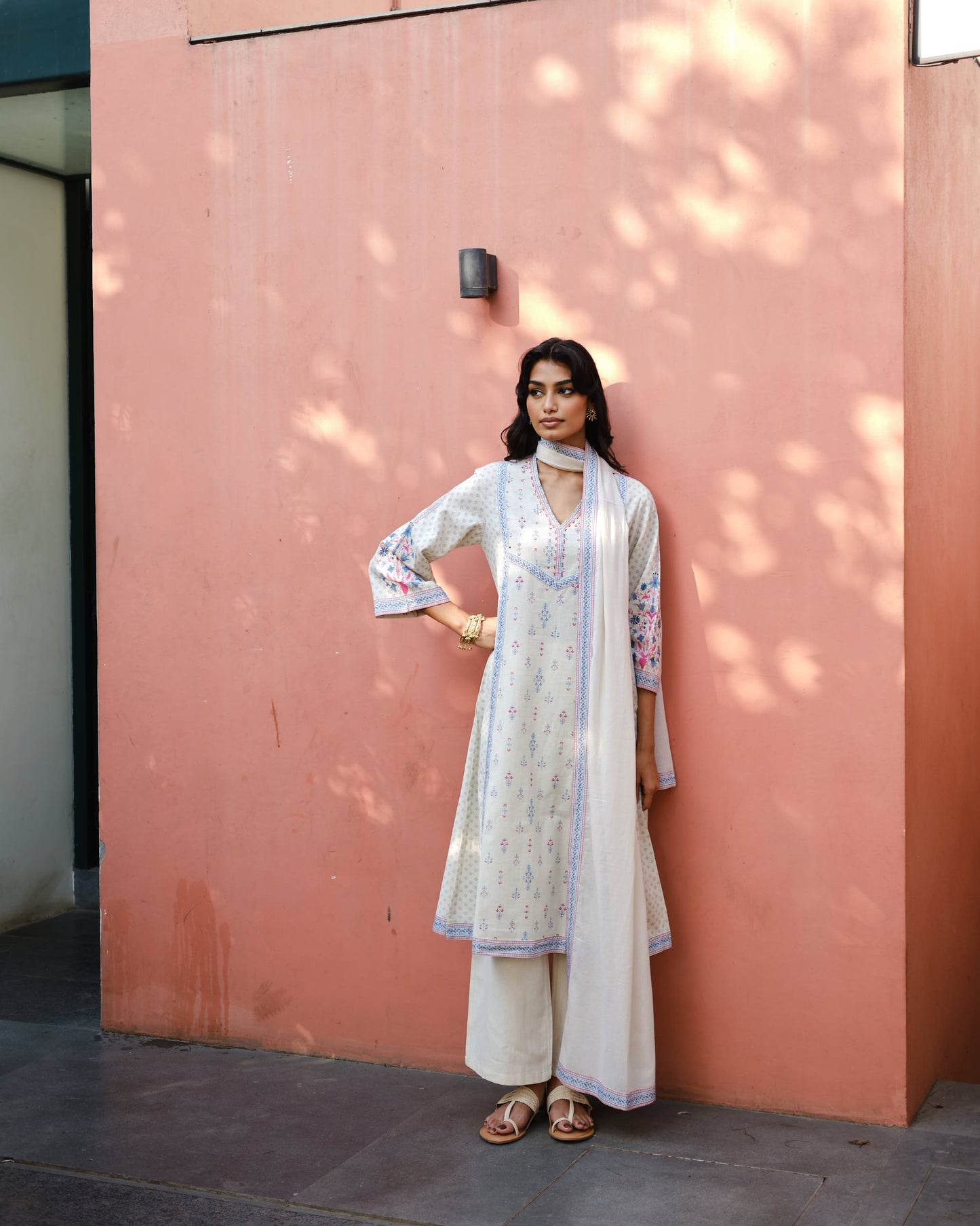 Ivory Blush Cotton Embroidered Suit Set with Mulmul Dupatta