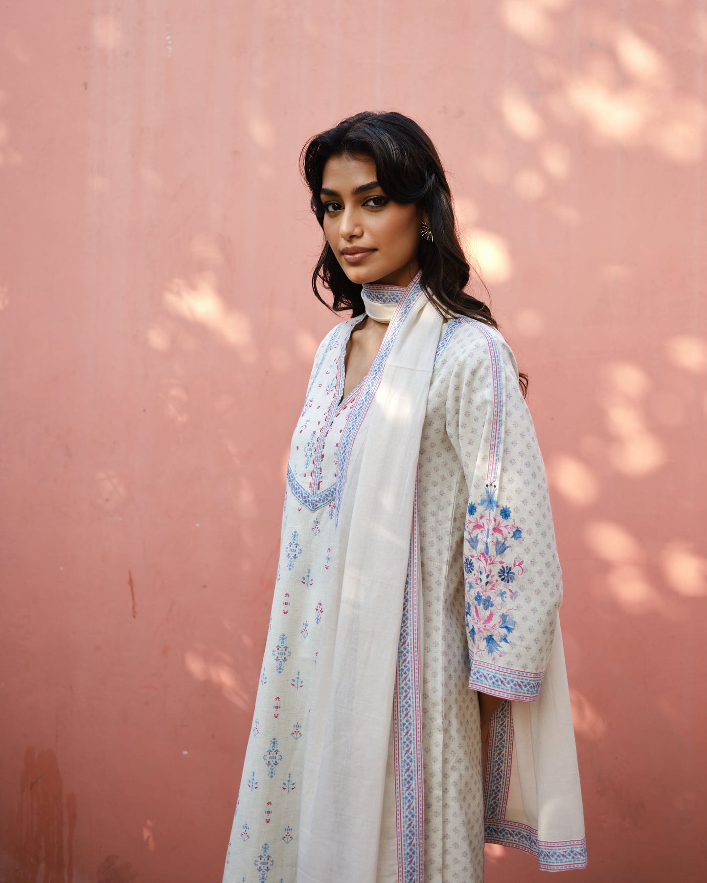 Ivory Blush Cotton Embroidered Suit Set with Mulmul Dupatta