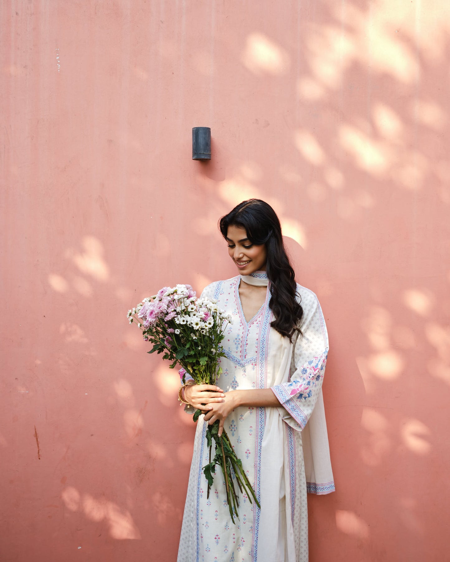 Ivory Blush Cotton Embroidered Suit Set with Mulmul Dupatta