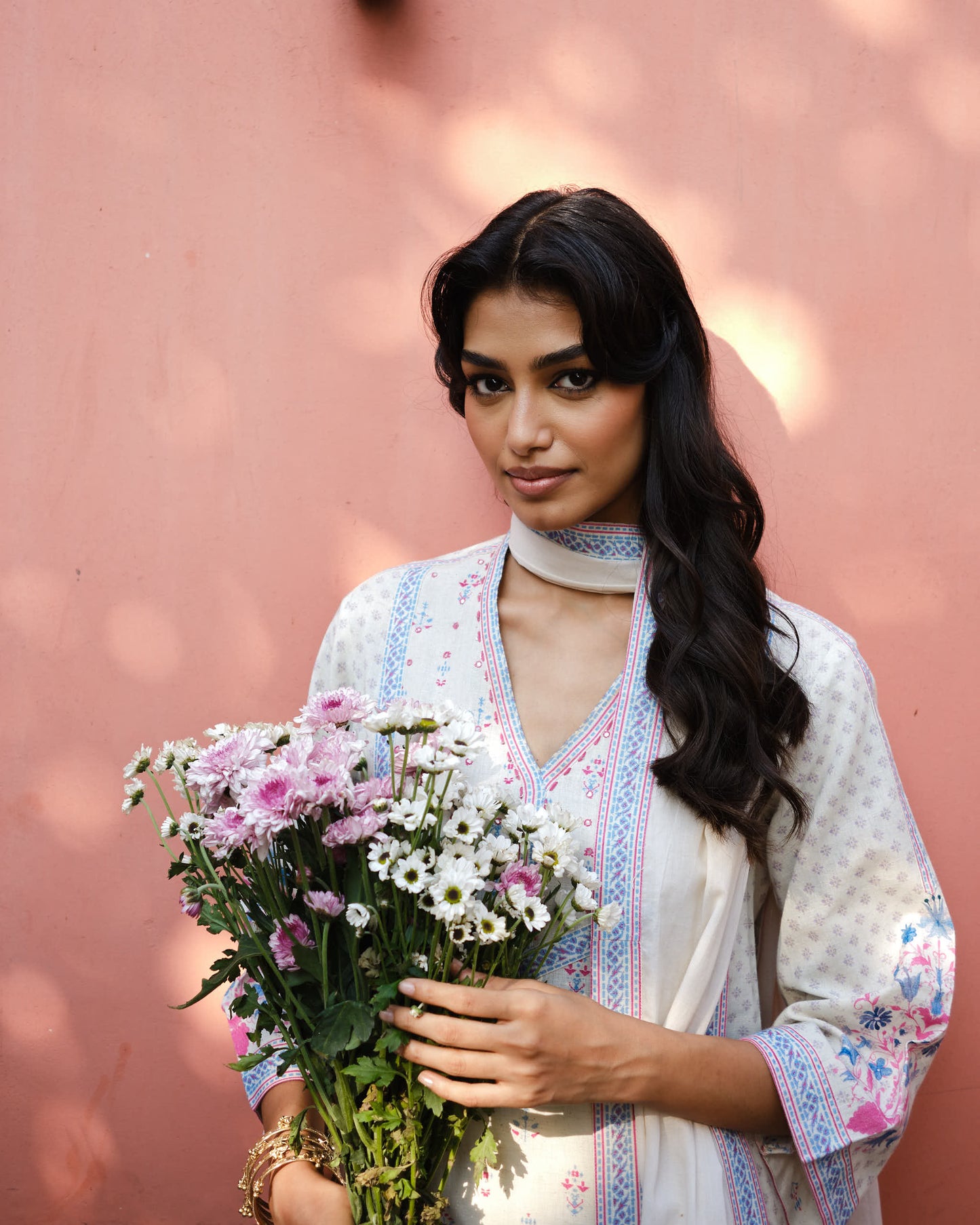 Ivory Blush Cotton Embroidered Suit Set with Mulmul Dupatta