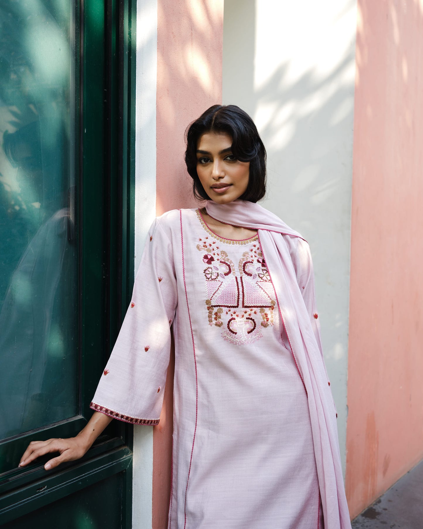Blush & Deep Rose Viscose Suit with Soft Mulmul Dupatta