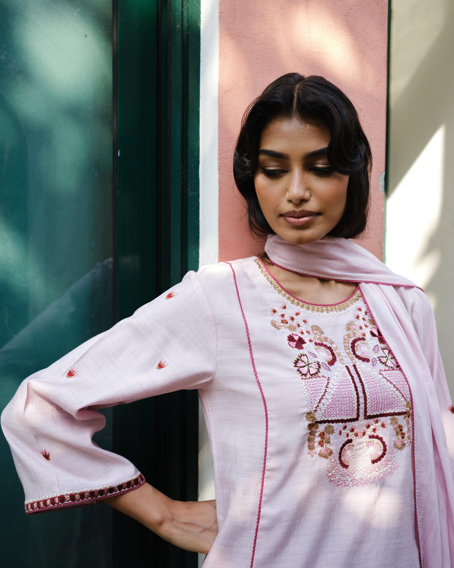 Blush & Deep Rose Viscose Suit with Soft Mulmul Dupatta