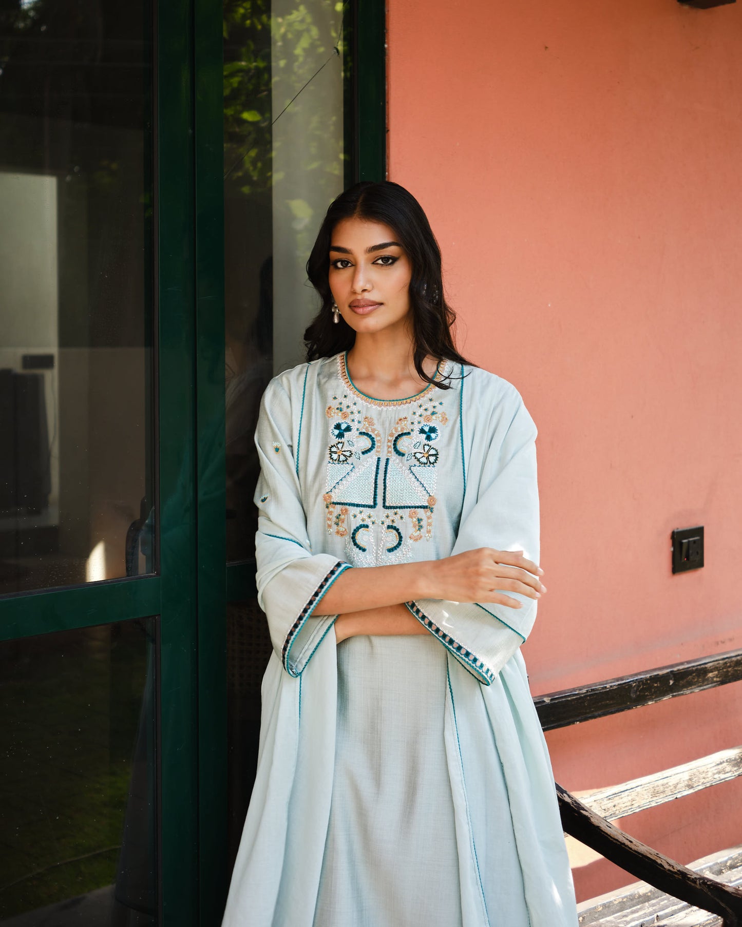 Mint & Teal Viscose Embroidered A-Line Suit Set