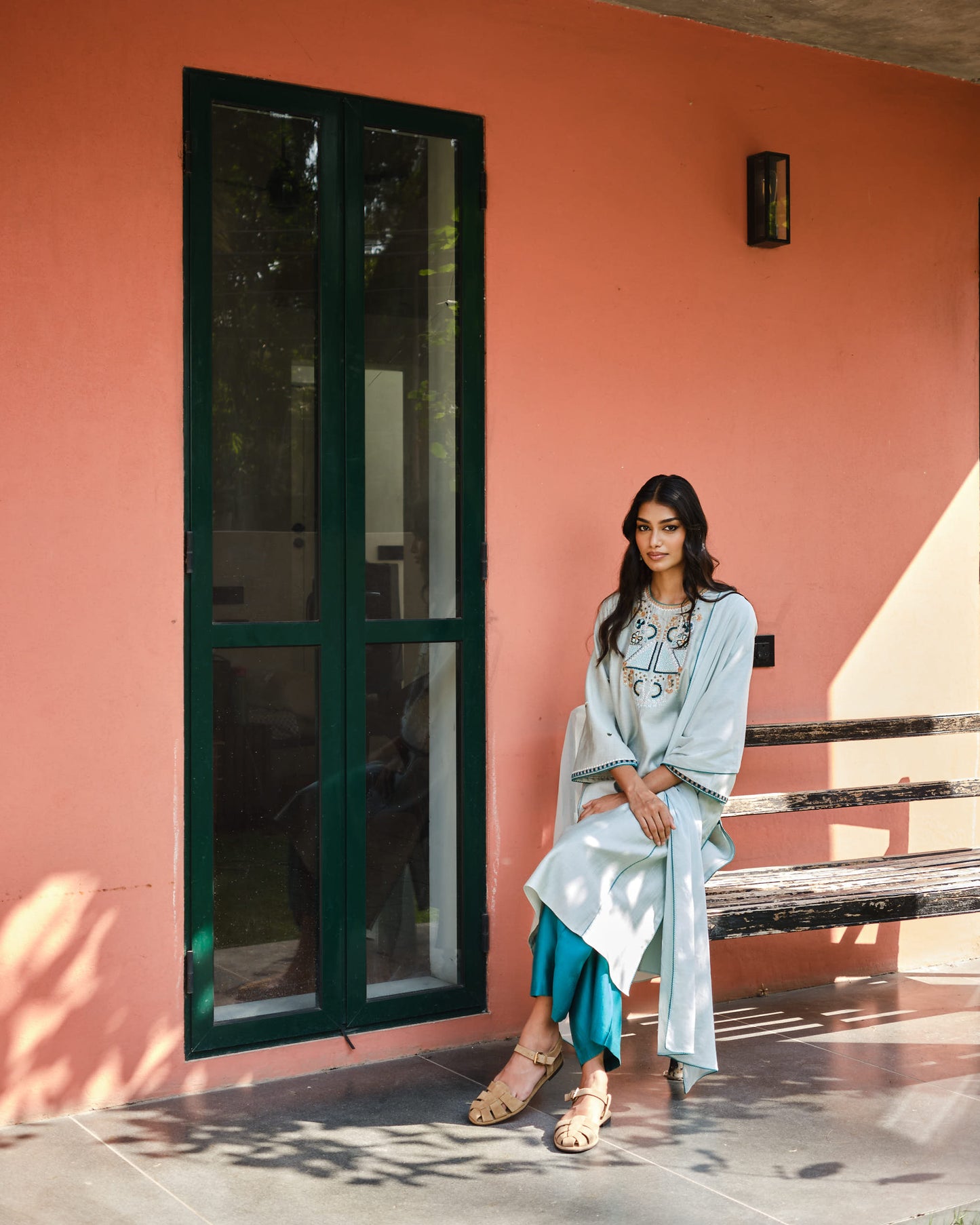 Mint & Teal Viscose Embroidered A-Line Suit Set
