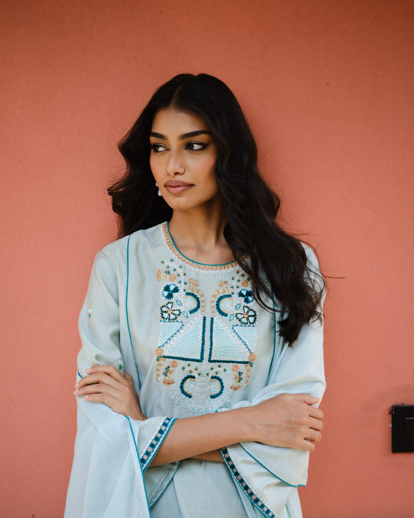 Mint & Teal Viscose Embroidered A-Line Suit Set