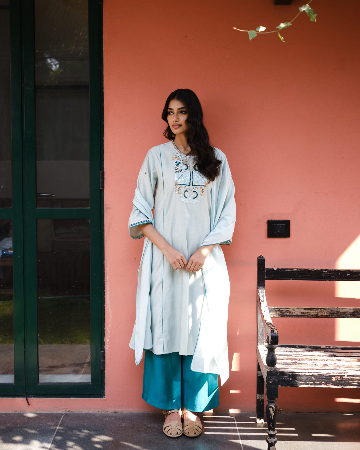 Mint & Teal Viscose Embroidered A-Line Suit Set