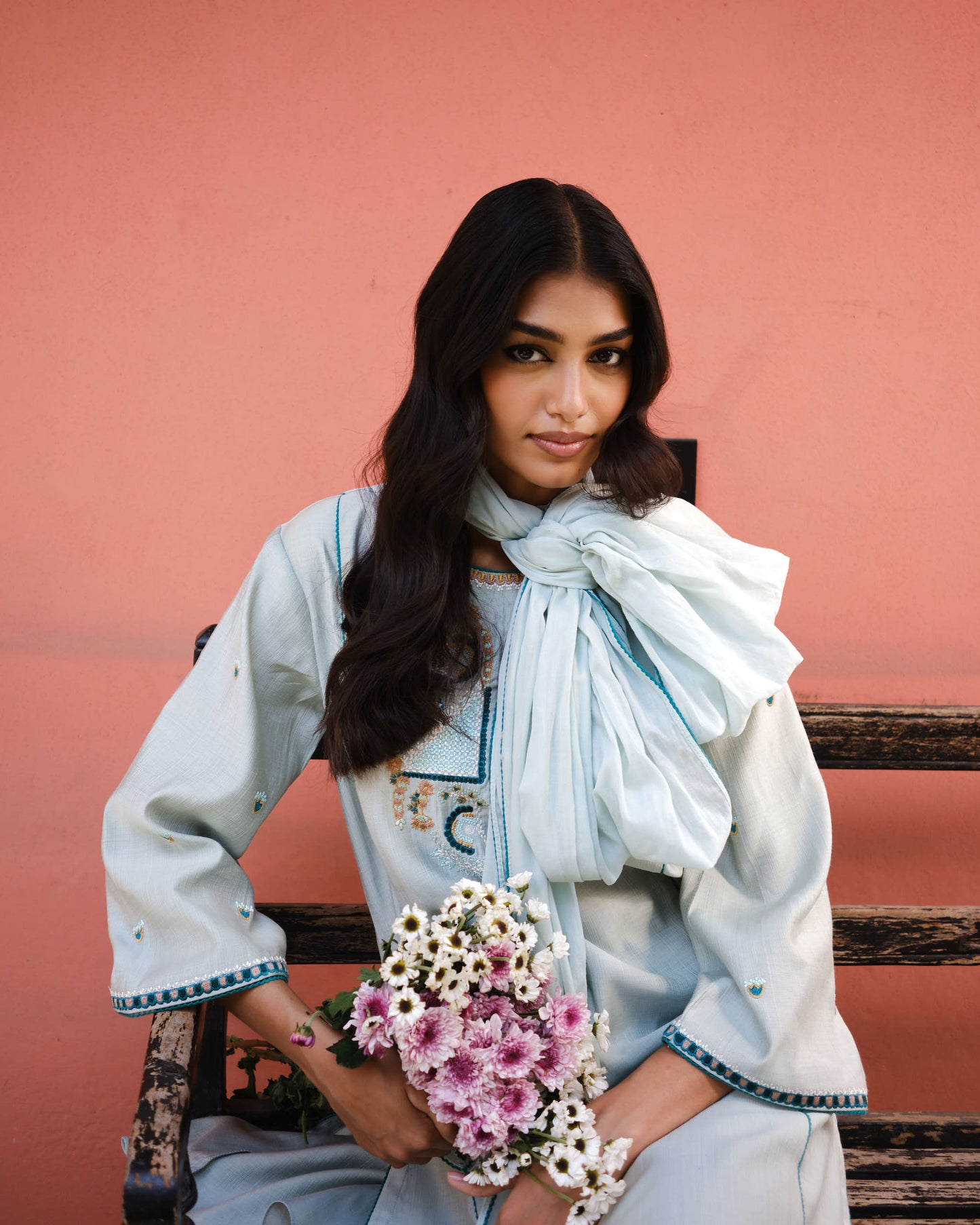 Mint & Teal Viscose Embroidered A-Line Suit Set