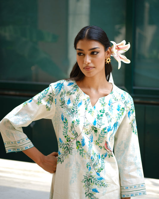 Nature’s Serenity Cotton Flex Kurta Set with Bird & Floral Print