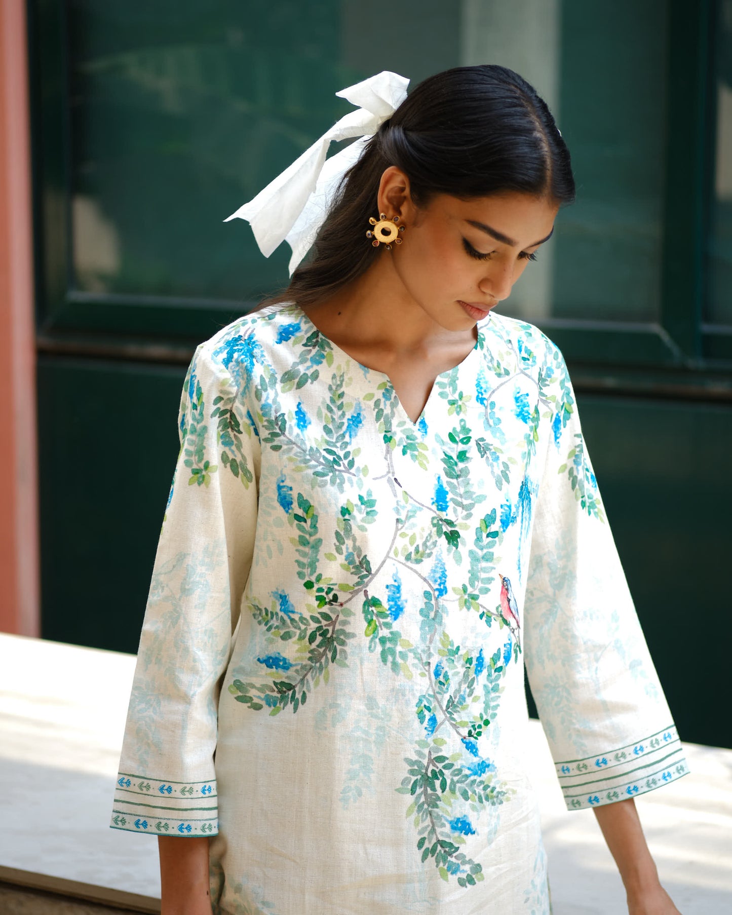Nature’s Serenity Cotton Flex Kurta Set with Bird & Floral Print