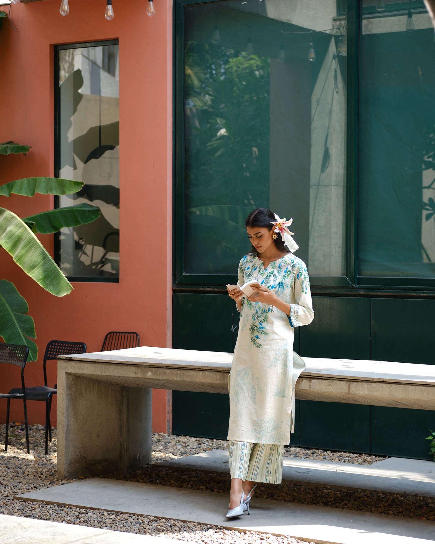 Nature’s Serenity Cotton Flex Kurta Set with Bird & Floral Print