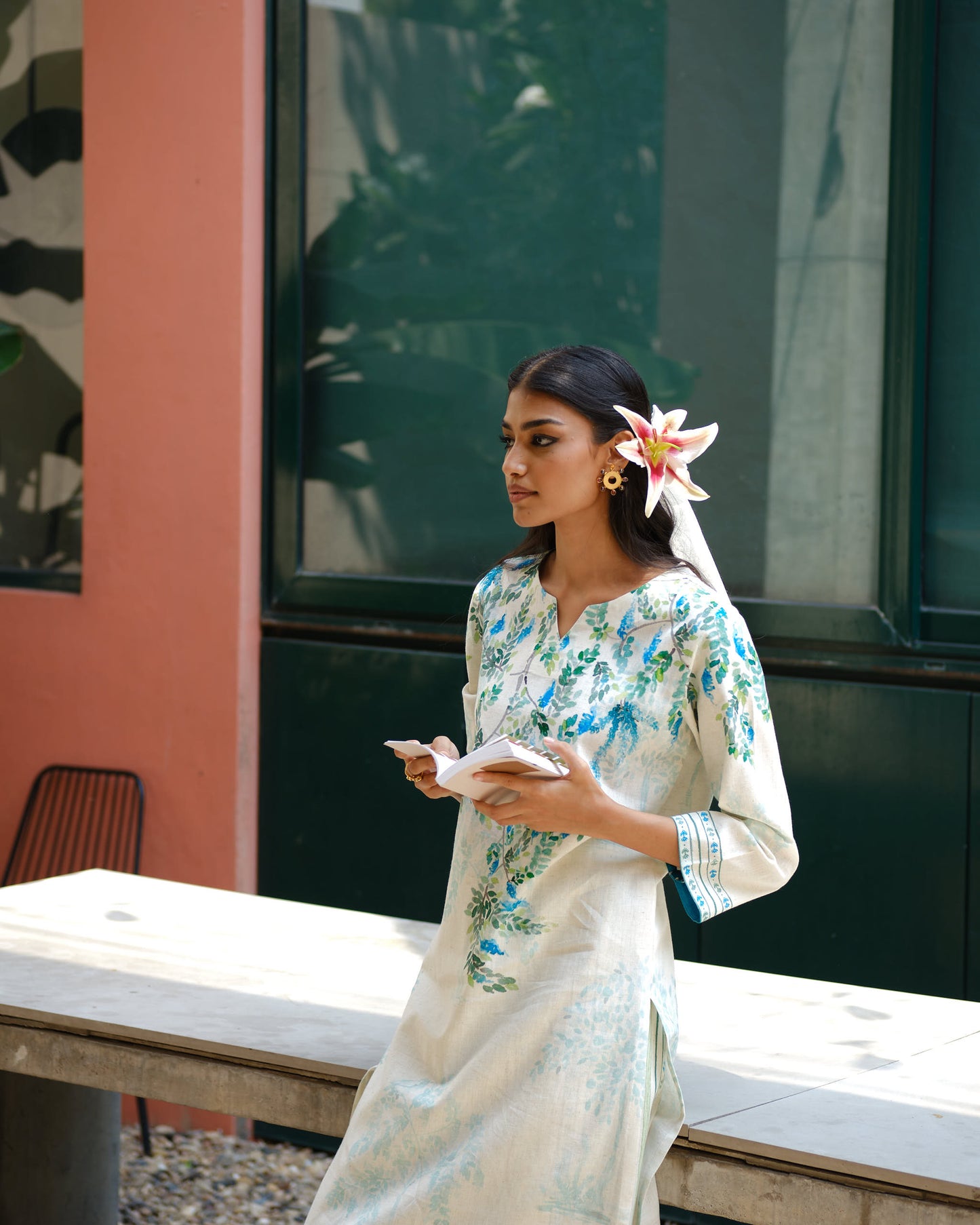 Nature’s Serenity Cotton Flex Kurta Set with Bird & Floral Print