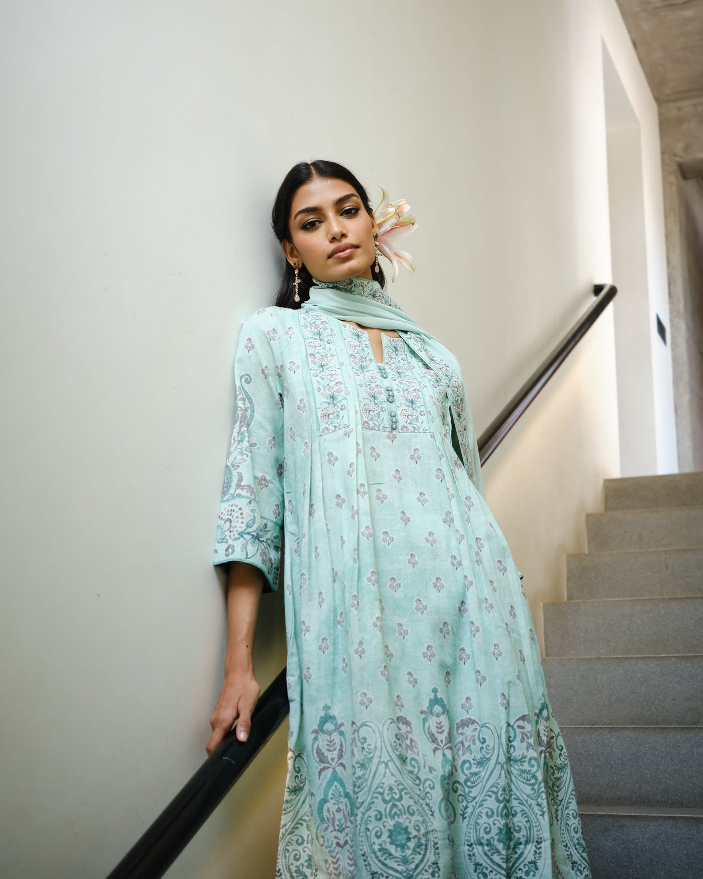 Seafoam Floral Pintuck 3-Piece Set in Cotton Flex