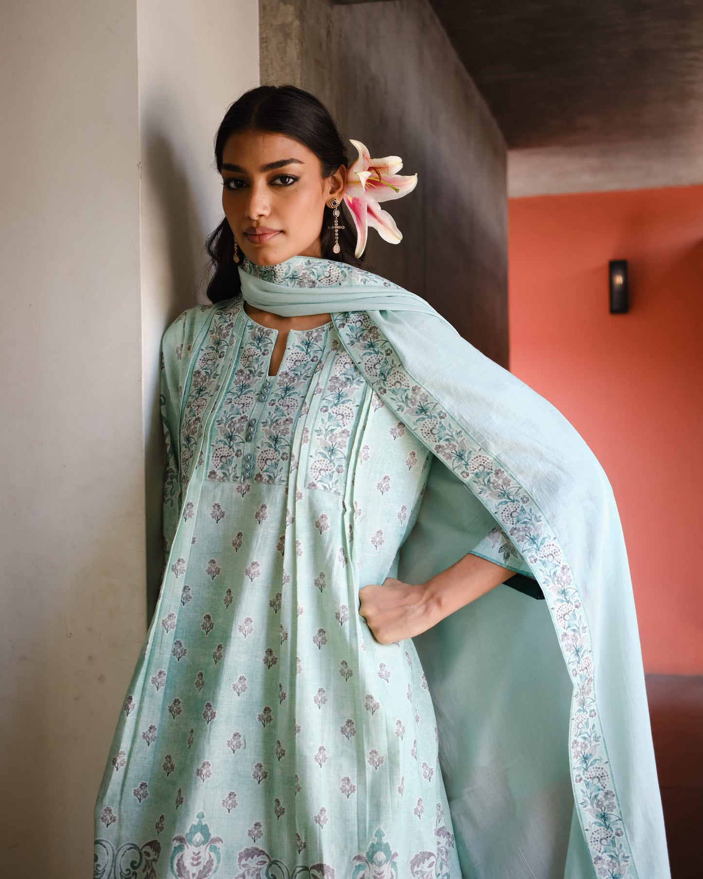 Seafoam Floral Pintuck 3-Piece Set in Cotton Flex