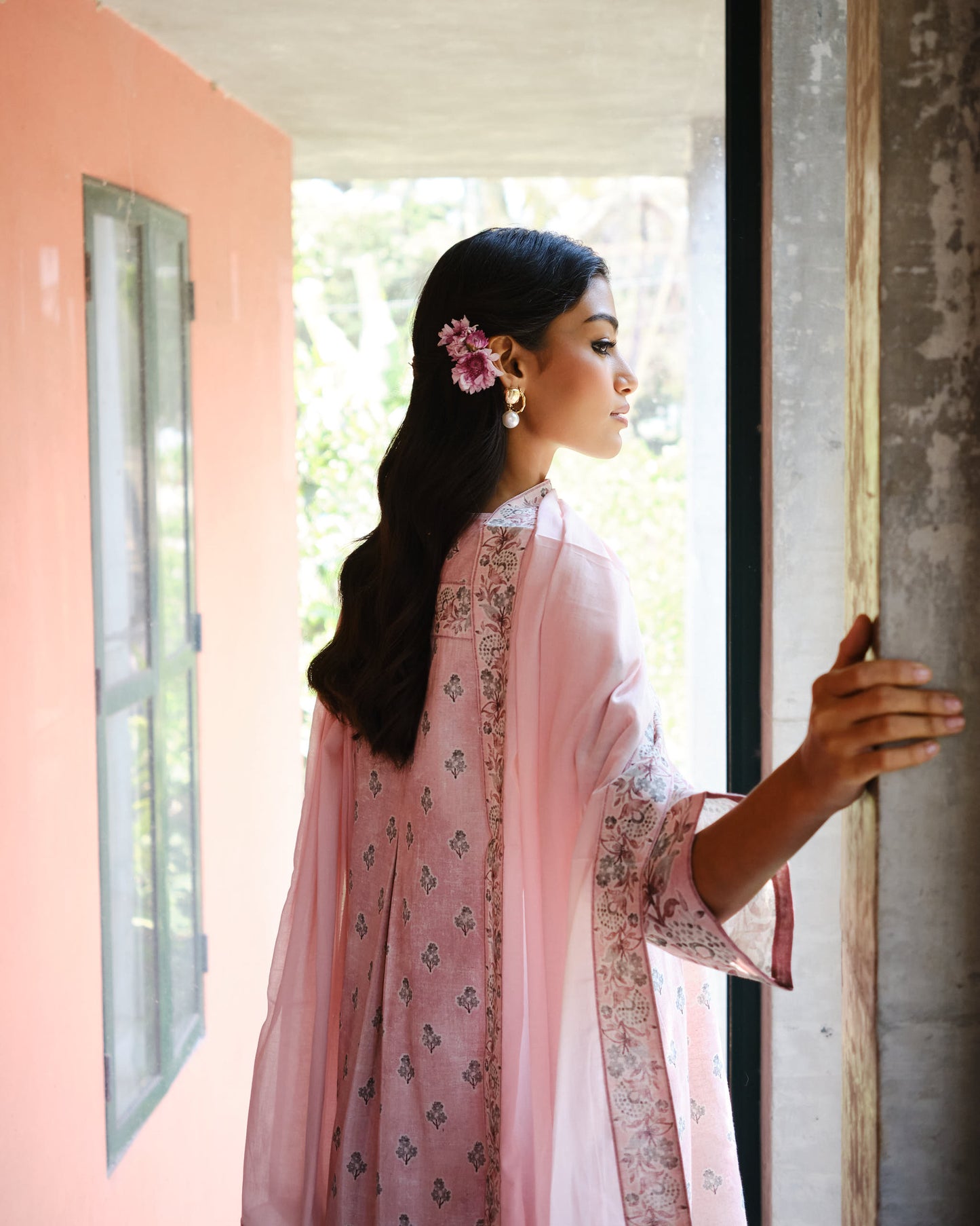 Pastel Rose Hand-Block Inspired Cotton Flex A-Line Kurta Set