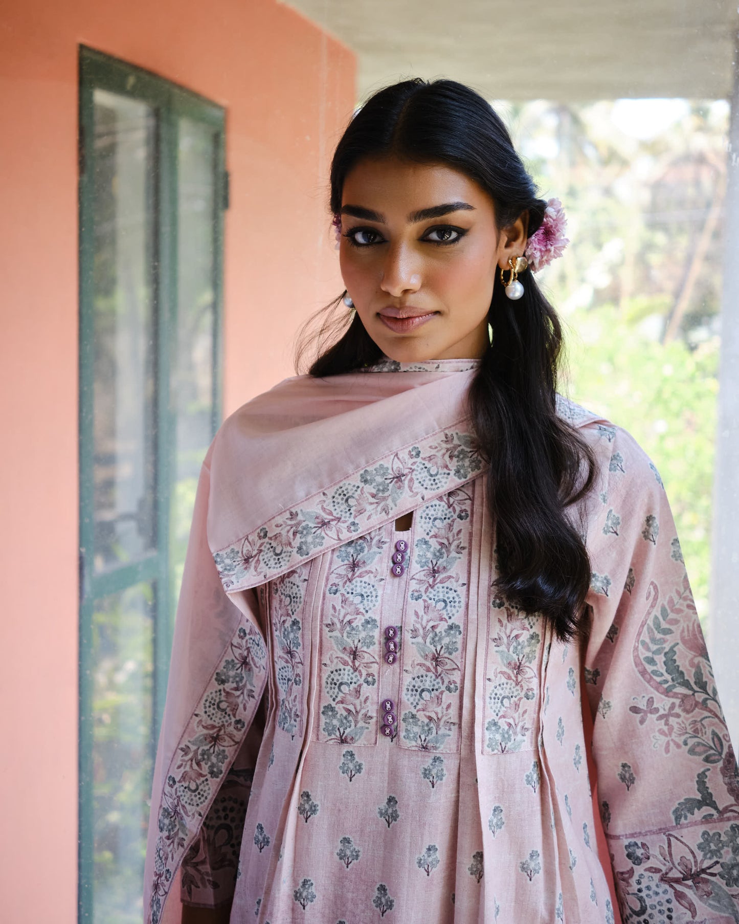 Pastel Rose Hand-Block Inspired Cotton Flex A-Line Kurta Set
