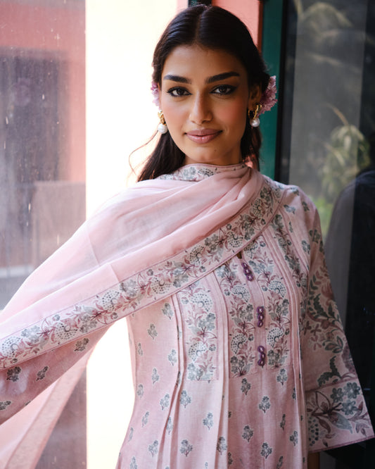 Pastel Rose Hand-Block Inspired Cotton Flex A-Line Kurta Set
