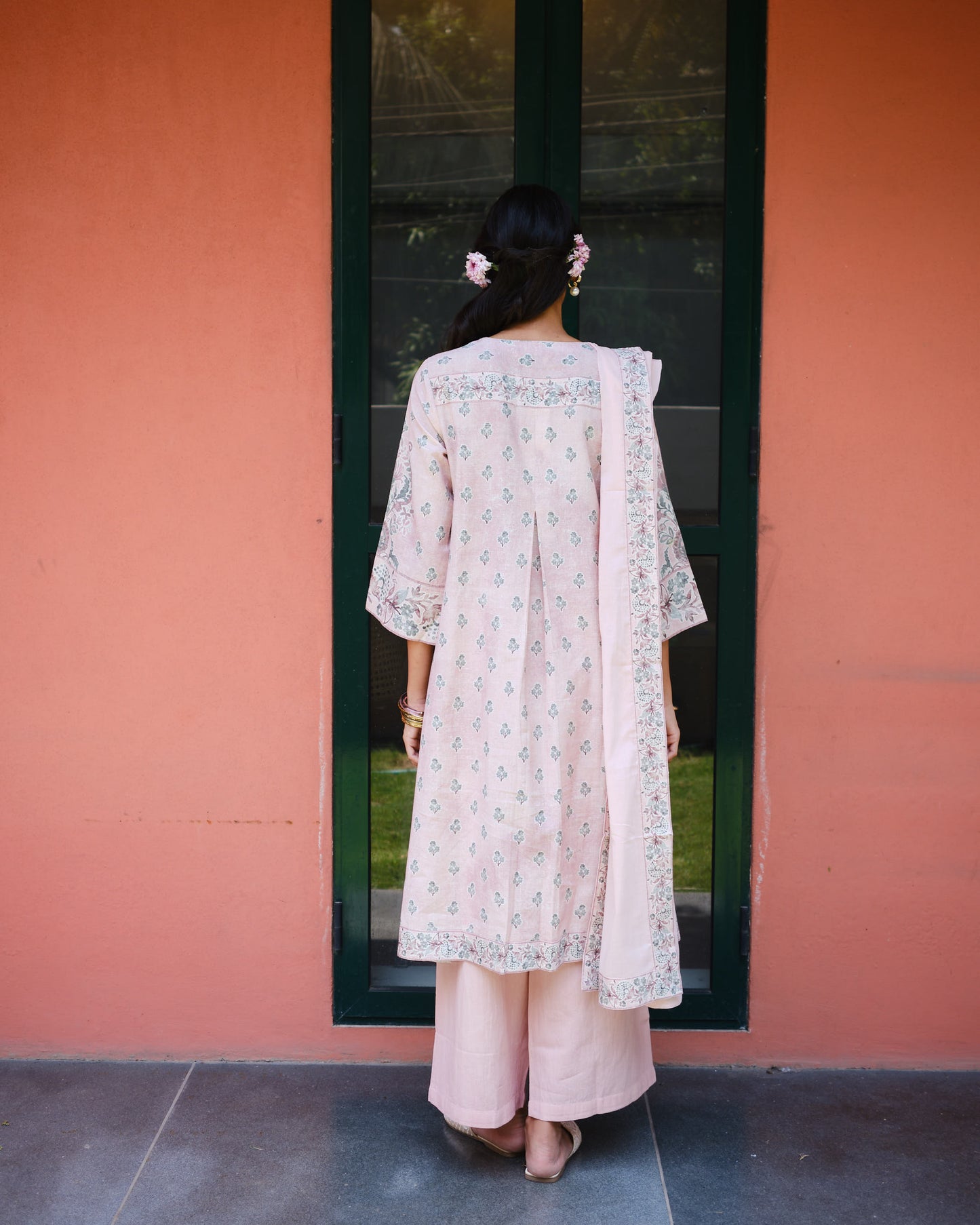 Pastel Rose Hand-Block Inspired Cotton Flex A-Line Kurta Set