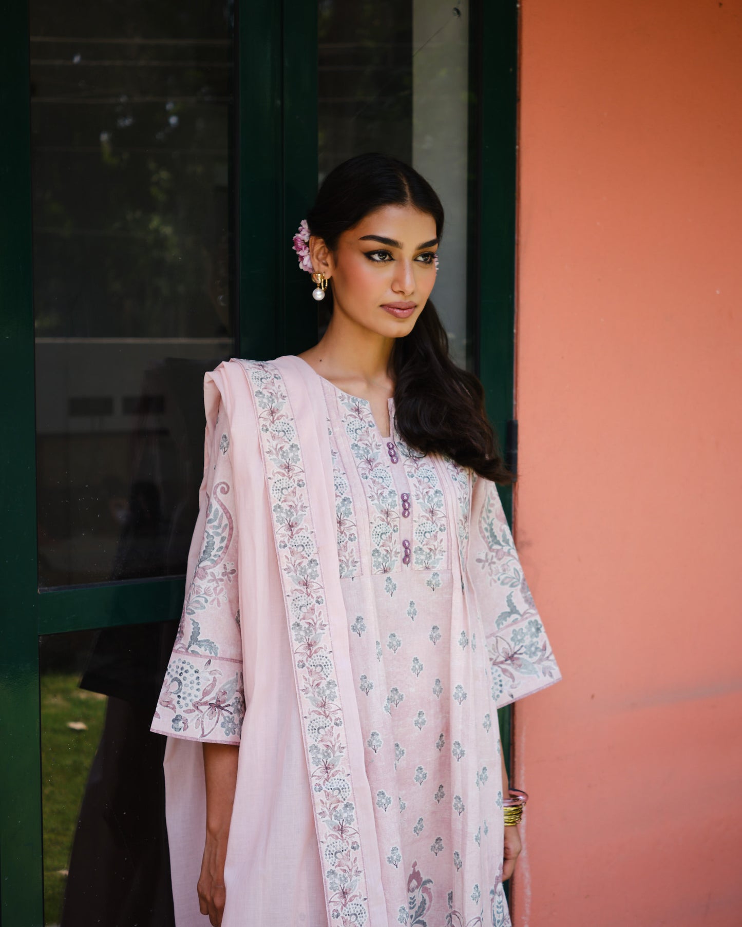Pastel Rose Hand-Block Inspired Cotton Flex A-Line Kurta Set